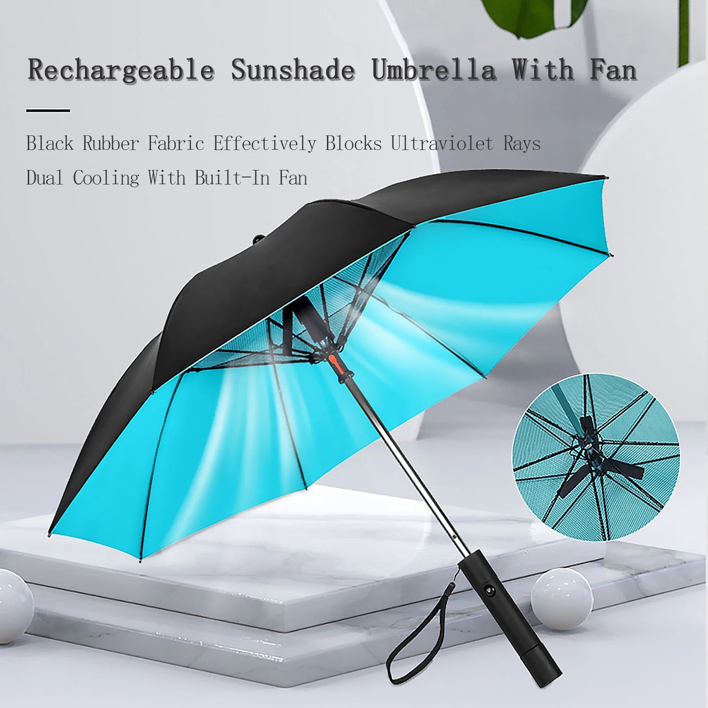 Portable UV Sun Umbrella with Fan, Safety Isolation Mesh, Super Wind Power - USB Rechargeable